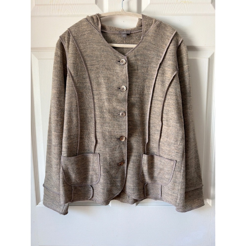 J. Jill Wool Hooded Jacket Womens S Tan Brown Button Front Exposed Seam Boho